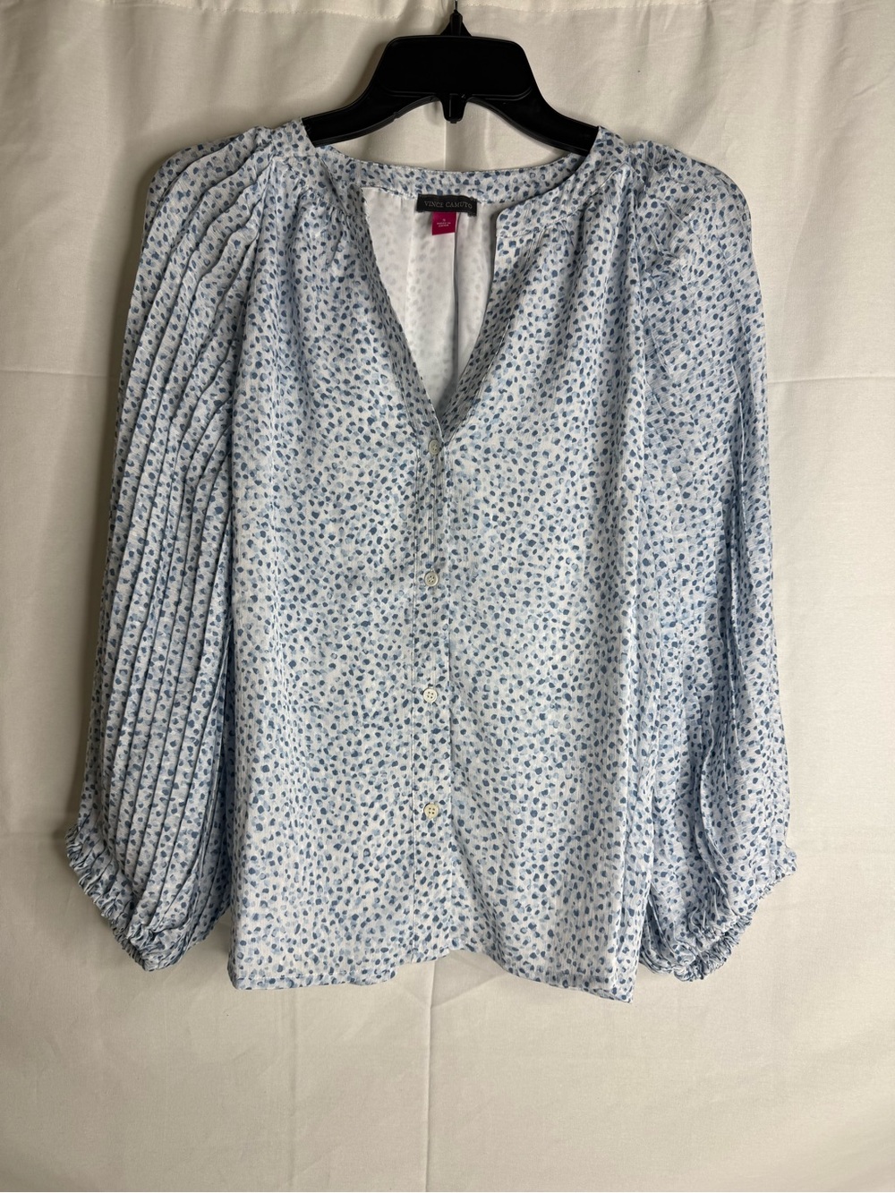 Vince Camuto Blue White Polka Dot V-Neck Pleated Blouse Balloon 3/4 Sleeve S